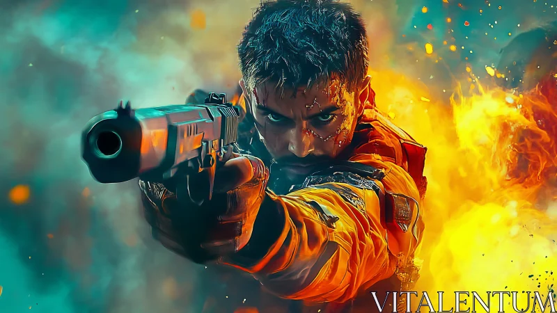 Battle-scarred soldier aims pistol amid blazing firestorm