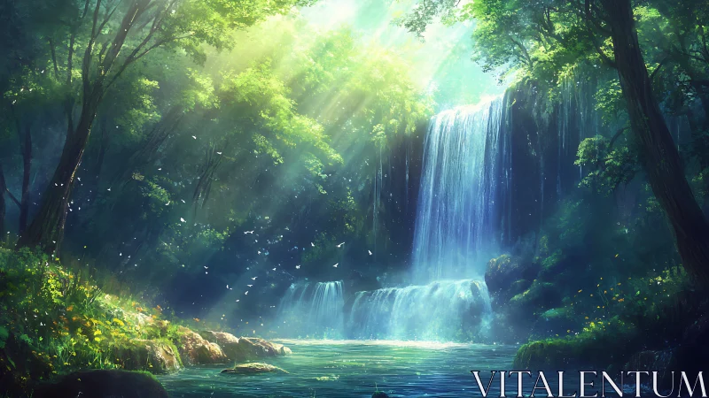 Enchanted Waterfall Sanctuary Glowing with Ethereal Light