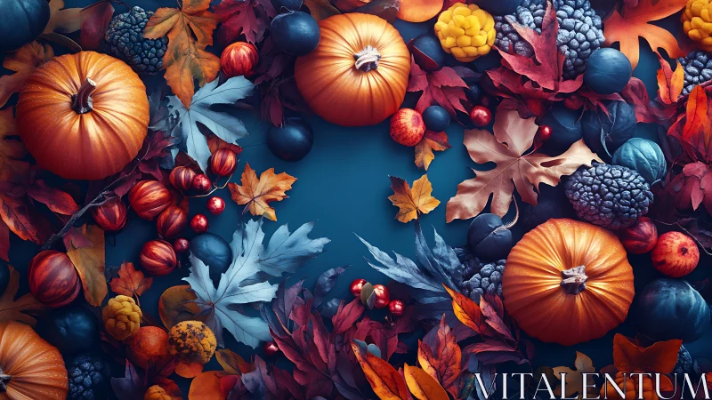 Autumn pumpkins and berries arranged around teal negative space