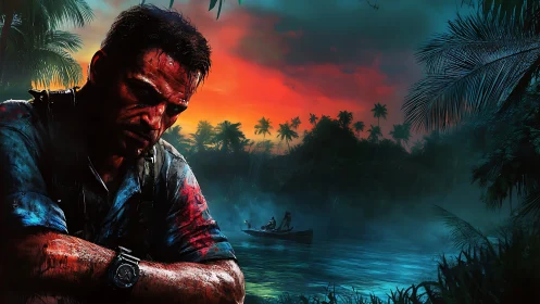 Bloodied soldier on tropical river at intense neon sunset.