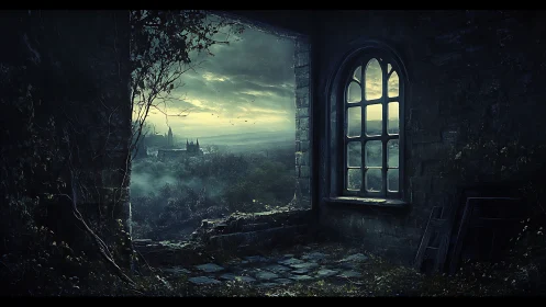 Twilight drifts through a ruined stone room toward a misty valley