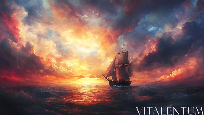Digital seascape with tall ship against luminous sunset sky.
