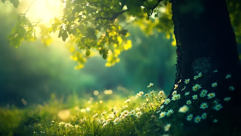 Backlit tree trunk with white wildflowers in soft focus.