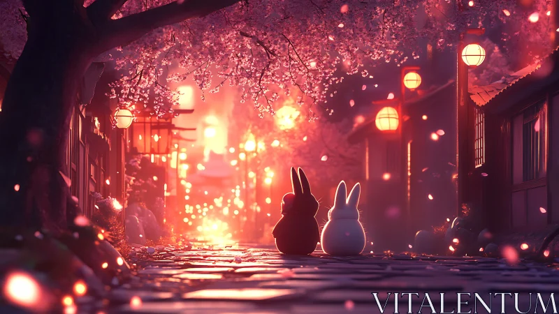 Anthropomorphic rabbits watch lantern-lit sakura street glow