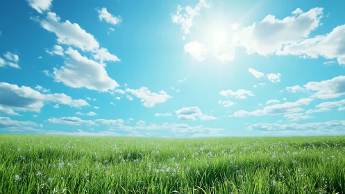 Endless spring meadow under radiant midday sunlit sky.