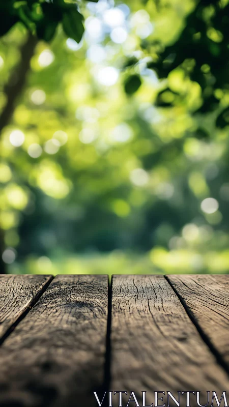 Weathered Wood Deck Meets Green Garden Bokeh.