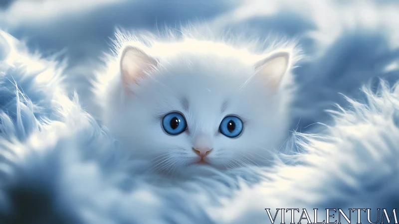 A Fluffy White Kitten with Mesmerizing Blue Eyes.