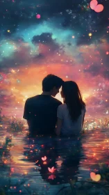 Silhouetted couple in luminescent waters under ethereal sky.
