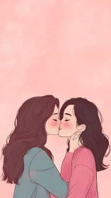 Two women kiss on soft pink background in illustration