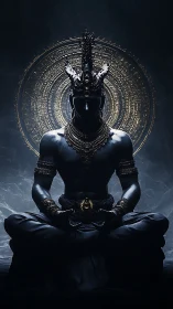 Dark divine figure meditating before radiant golden halo.
