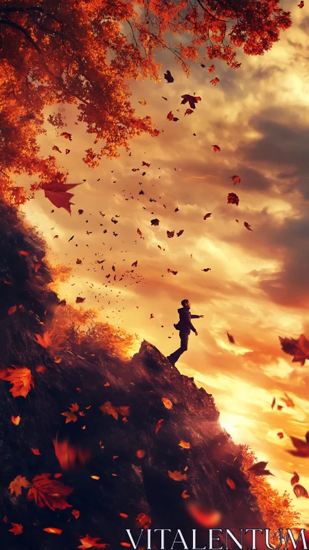Silhouette on autumn cliff amid swirling sunset leaves.