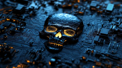 Gleaming cyber skull glows ominously across a dark circuit