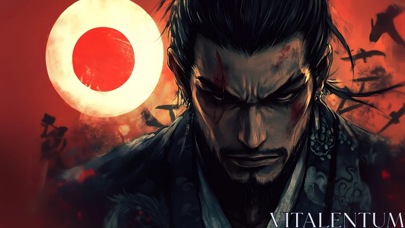 Samurai portrait set against red sun and abstract background