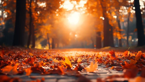 Low-angle optical study of sunlit autumn leaf carpeted path.