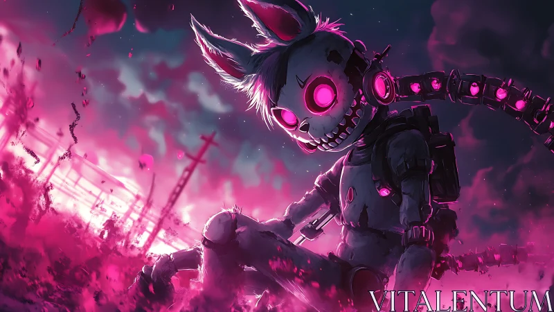 Cyborg rabbit skeleton sits in neon pink wasteland at dusk