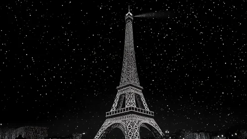 Paris Eiffel Tower stands luminous beneath a falling snow
