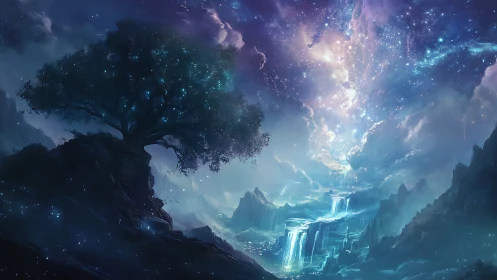 Celestial night landscape with lone tree and waterfalls.