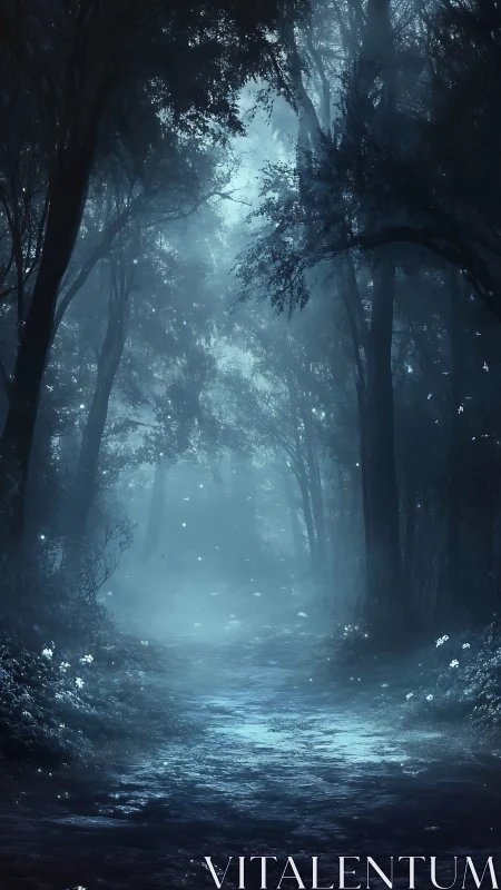 Misty Forest Path with Ethereal Blue Luminescence.