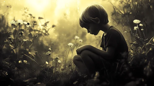 Child in golden meadow quietly discovering tiny wildflowers.