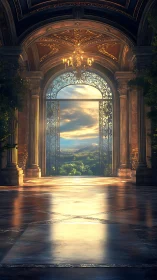 Grand vaulted hall with open ornate doors to landscape.