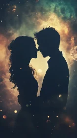 Silhouetted Couple Embracing Among Cosmic Light and Nebulae