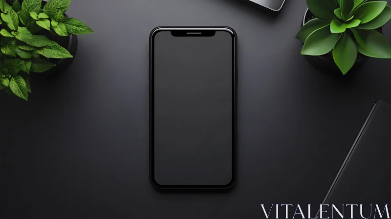 Blank Smartphone Against Dark Minimalist Workspace.
