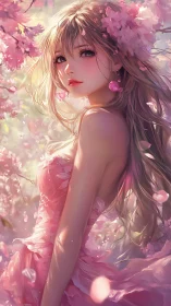 Blossom-kissed girl glows softly among drifting pink petals