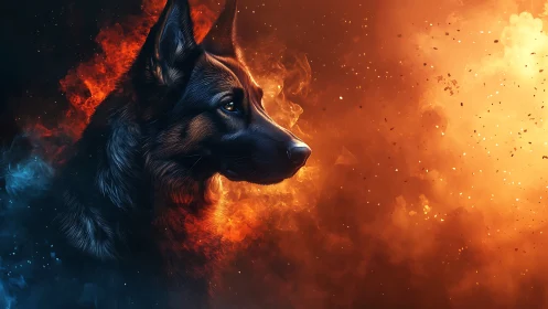 Regal shepherd in blazing fire and cool embers portrait.