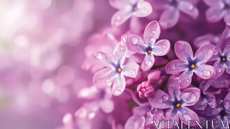 Dewey Lilac Macro Study with Soft Bokeh Background.