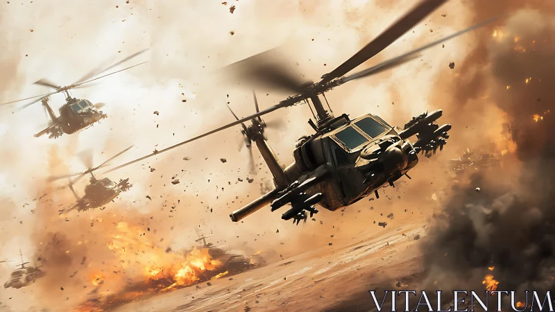 Helicopters racing through a storm of fire and dust.