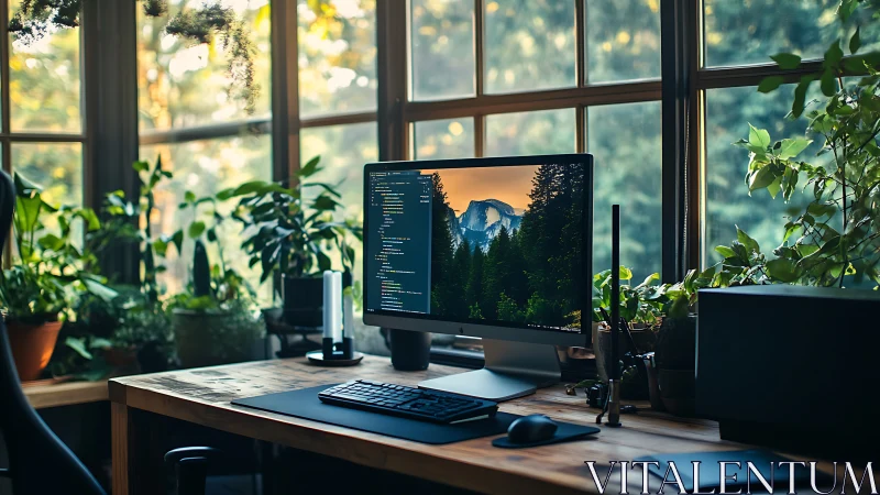 Ergonomic coding workspace integrates natural light and dense indoor greenery