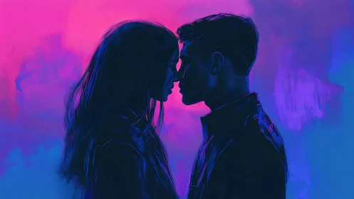 Neon-Lit Couple in Intimate Connection Against Gradient Backdrop.