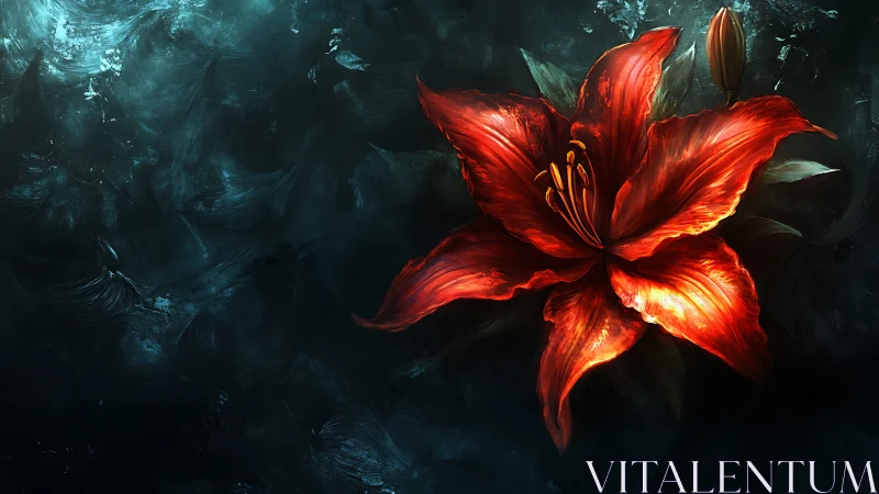 Luminous red lily rendered against turbulent aquatic void.