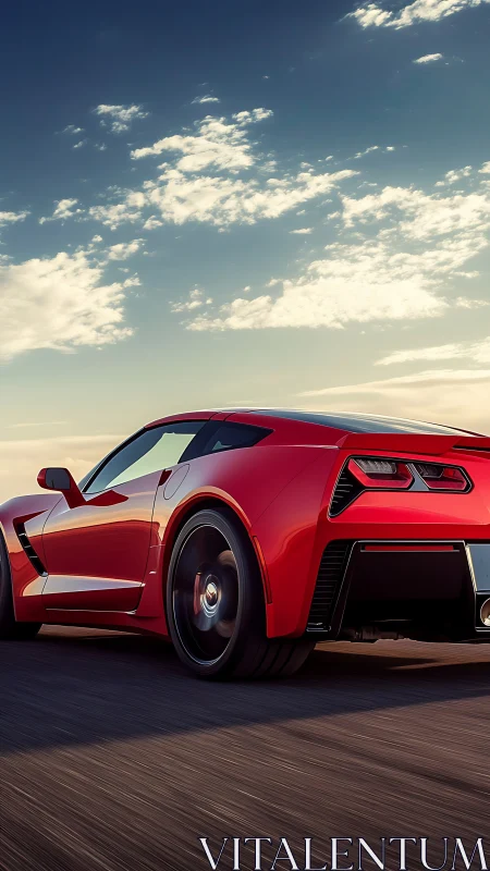 Low-angle rear tracking shot of red sports coupe at speed