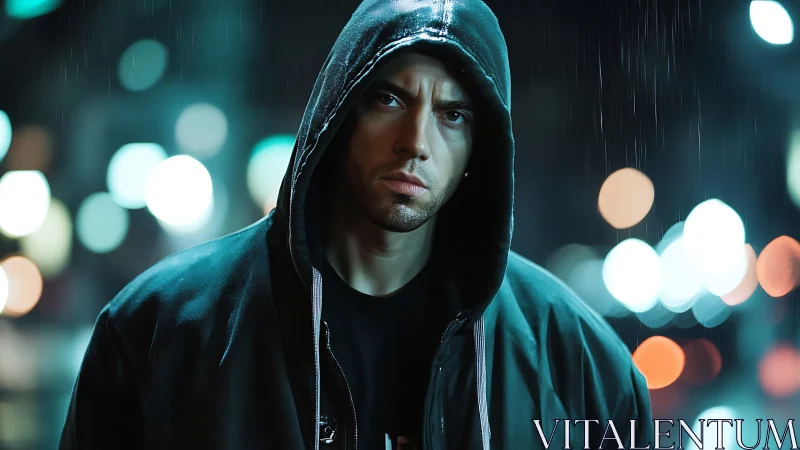 Mysterious figure emerges from the rain-soaked urban night