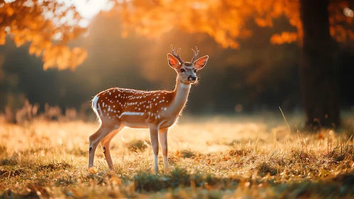 Backlit young deer stands alert in sunlit autumn meadow