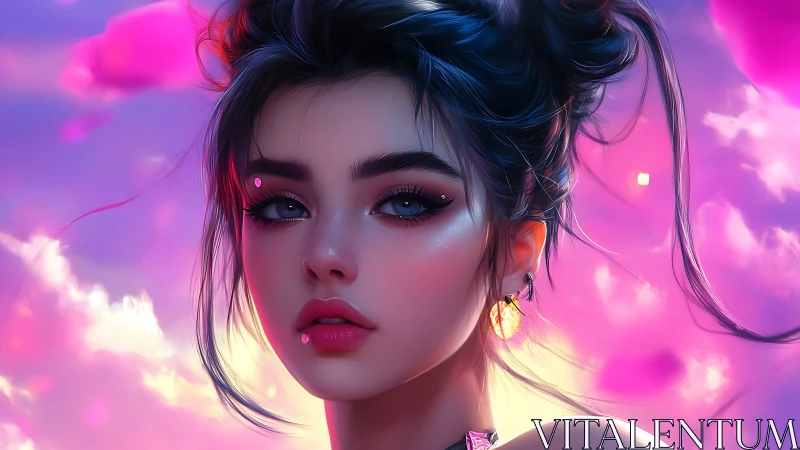 Hyperreal digital portrait of luminous girl in neon sunset