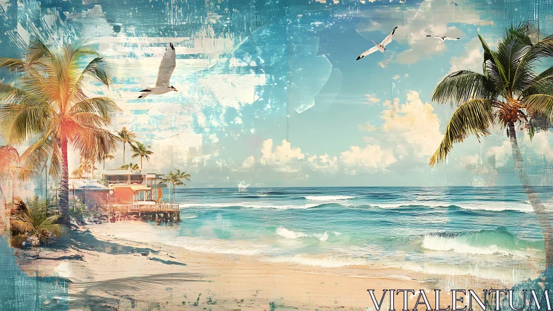 Sunlit tropical beach retreat shimmers in dreamy pastel hues