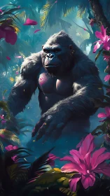 Silverback gorilla strides through neon-lit jungle bloom.
