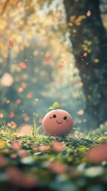 Smiling peach character in sunlit forest bokeh scene.
