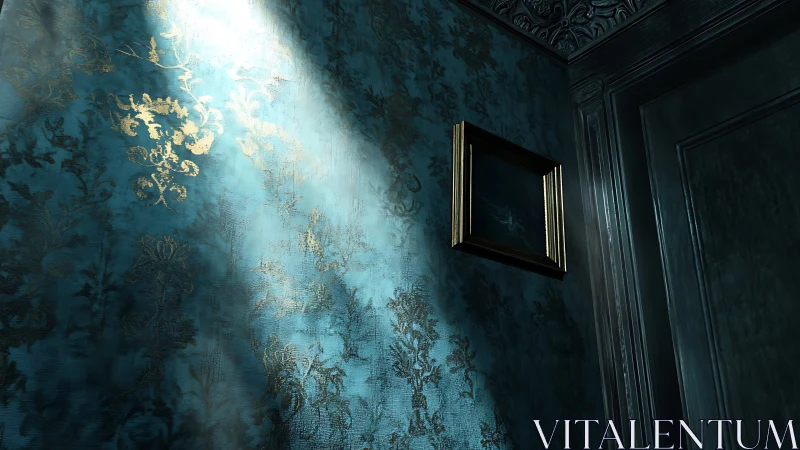 Sunlit teal wallpaper reveals ornate textures in a moody hall