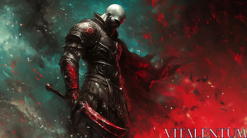 Armored warlord in red storm with bloodlit curved blade.