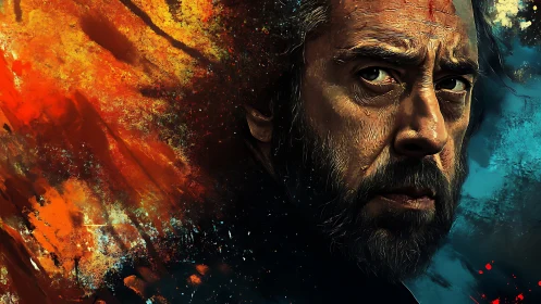 Intense bearded man against fiery orange and blue abstract
