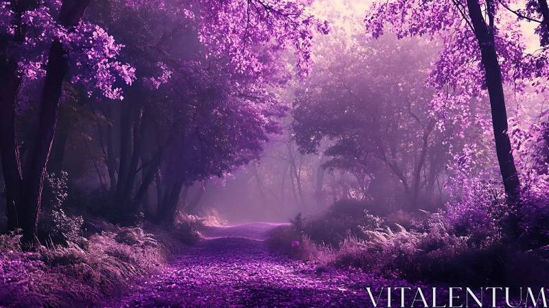 Ethereal Forest Pathway Suffused With Luminous Violet Light