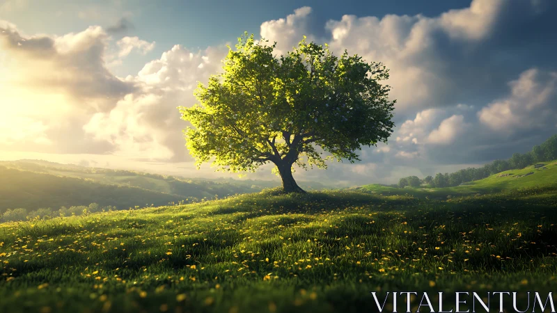 Lone tree on sunlit meadow at sunrise, realistic landscape art.