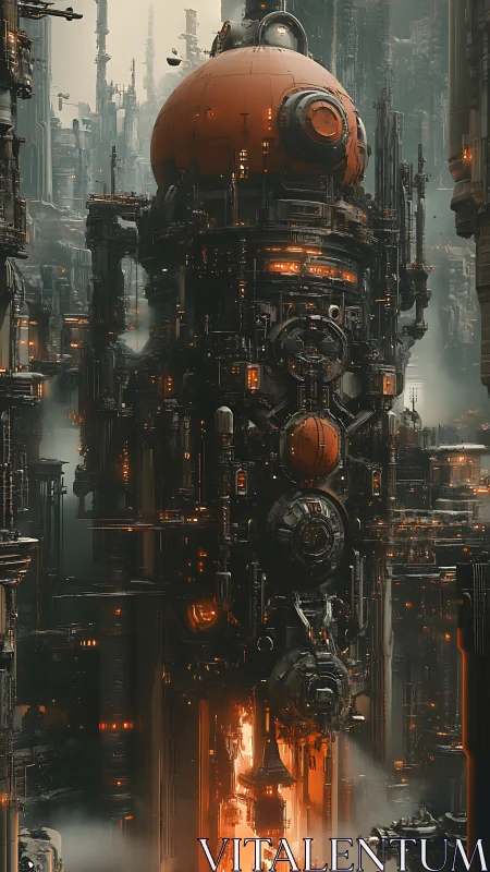 Vertical industrial megastructure with glowing orange cores