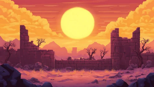 Ruined desert fortress glows beneath an immense setting sun