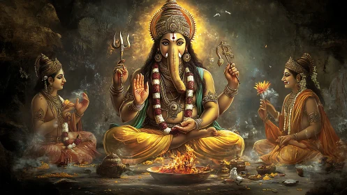 Digital painting of Ganesh with attendants in ritual symmetry.