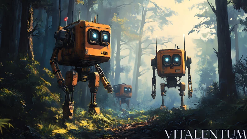 Curious forest robots wandering through soft morning light.