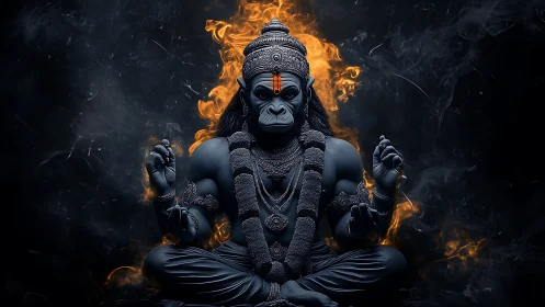 Mystic ape deity meditating in a ring of living fire.